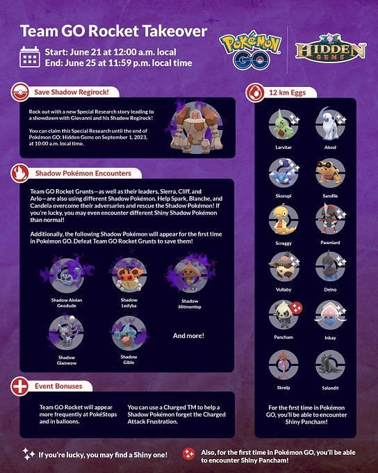 Pokemon Go Team Go Rocket Takeover June Shadow Regirock Shiny Pancham And More