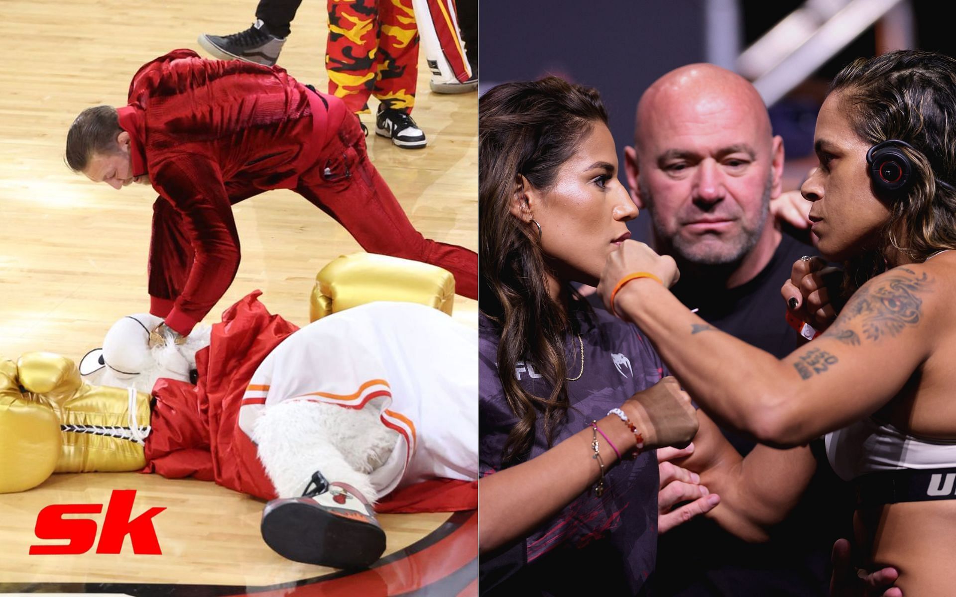 Conor McGregor punching Miami Heat mascot (left - via @DailyLoud), Amanda Nunes vs. Julianna Pena (right)