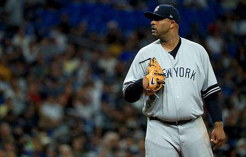 CC Sabathia pitches during a game against the Tampa Bay Rays at Tropicana Field