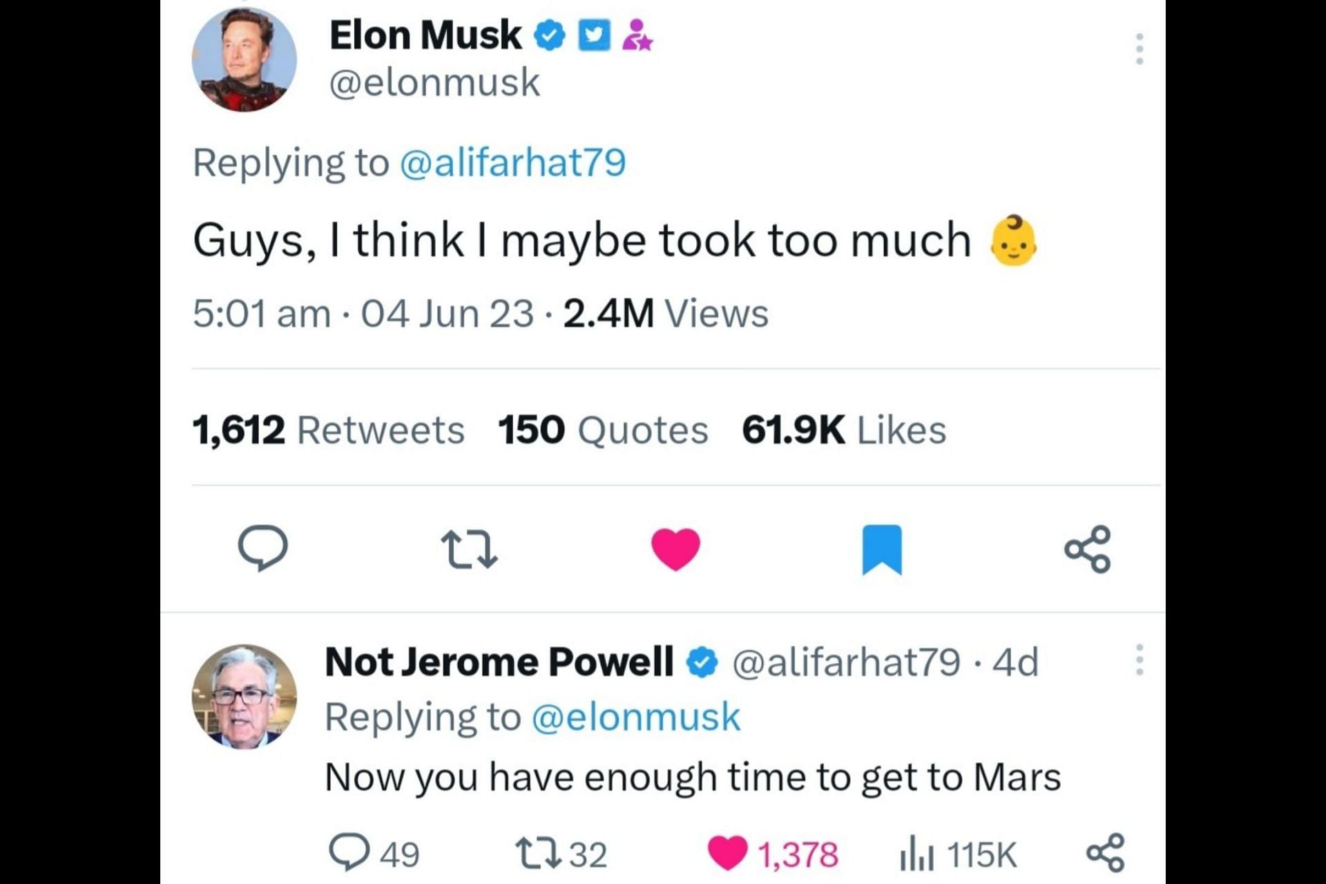 Elon Musk&#039;s response to his AI-generated baby photo. (Image via Twitter/Not Jerome Powell)