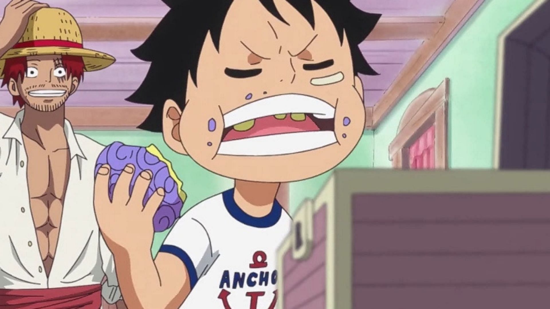Luffy accidentally eating a Devil Fruit (Image via Toei Animation)