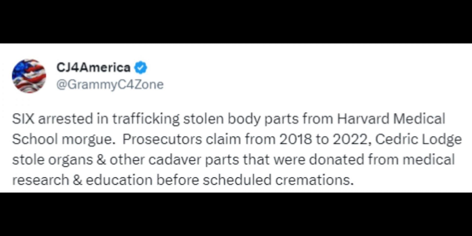 Six people were charged with theft and trafficking of human body parts. (Image via Twitter/@GrammyC4Zone)