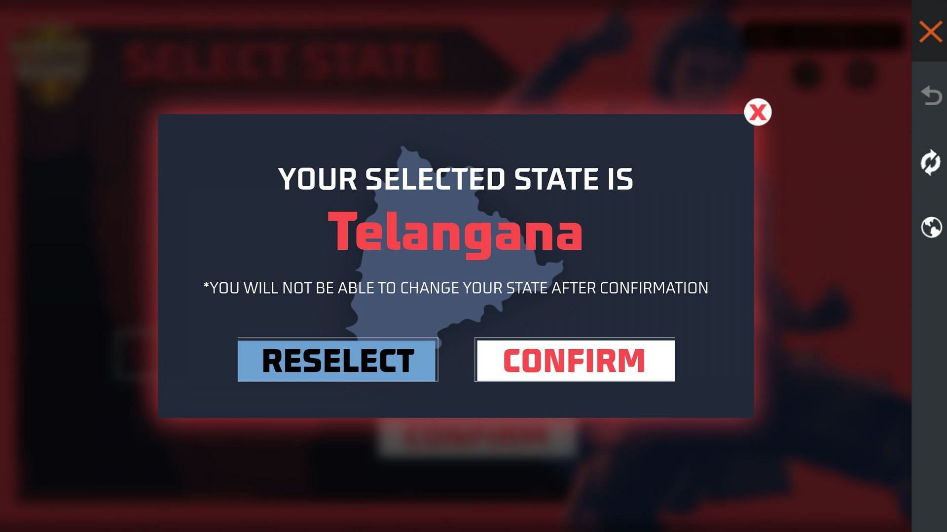 Select the state and confirm the selection (Image via Garena)