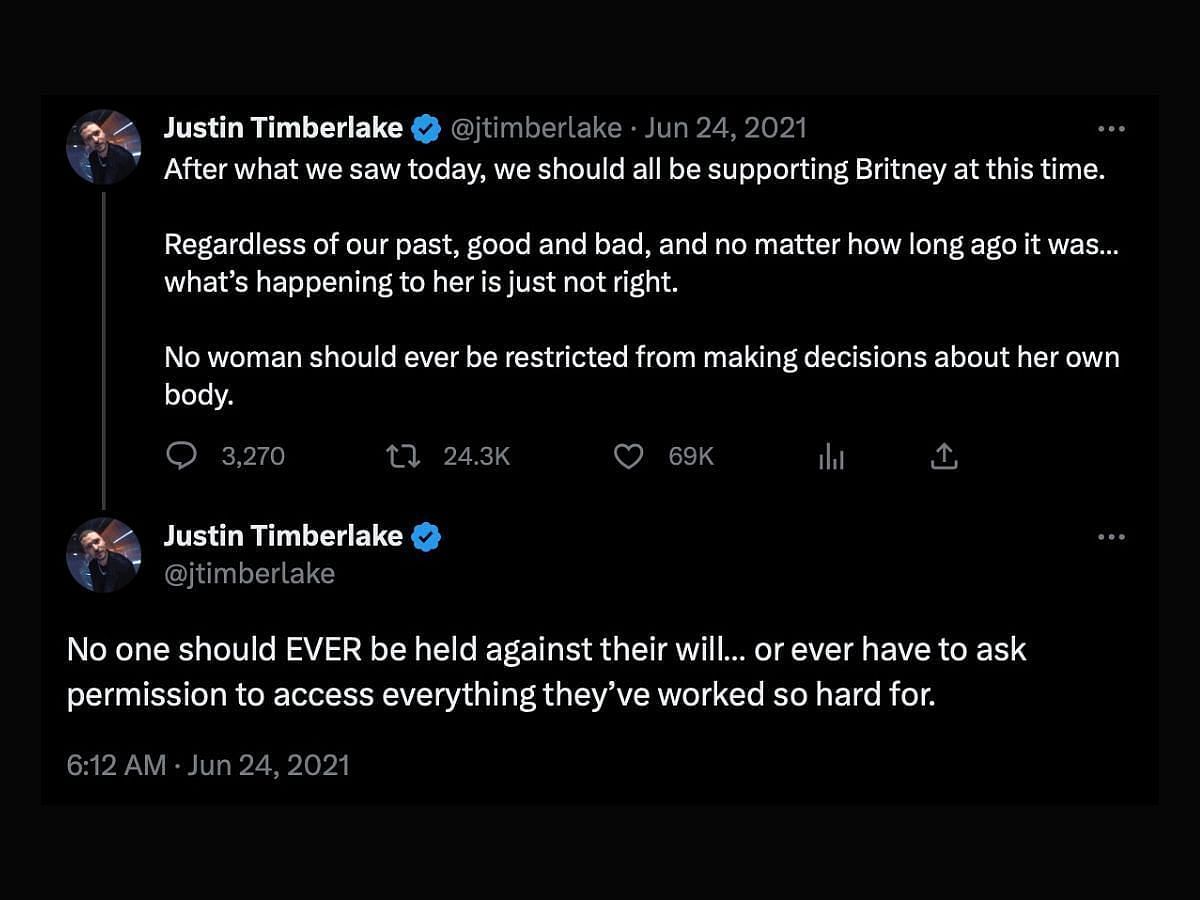 Justin Timberlake tweeted in support of Britney Spears on June 24, 2021 (Image via Twitter/ @JTimberlake)