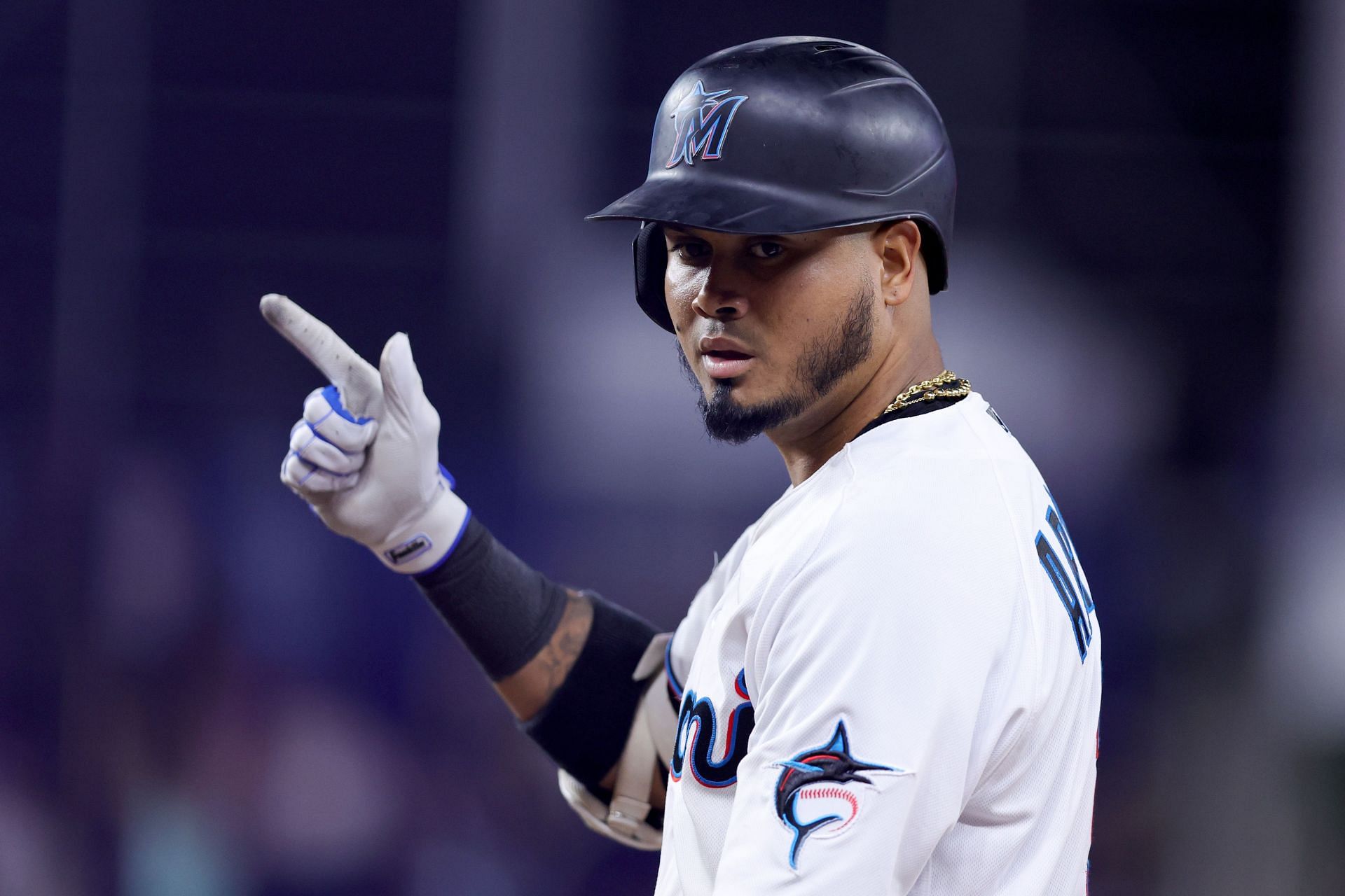 Luis Arraez #3 of the Miami Marlins reacts after hitting a single against the Toronto Blue Jays