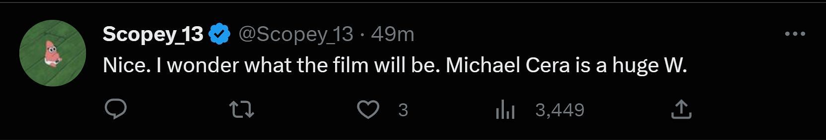 A tweet reply to Discussing Film&#039;s post about Michael Cera&#039;s casting in Anderson&#039;s film (Image via Twitter)