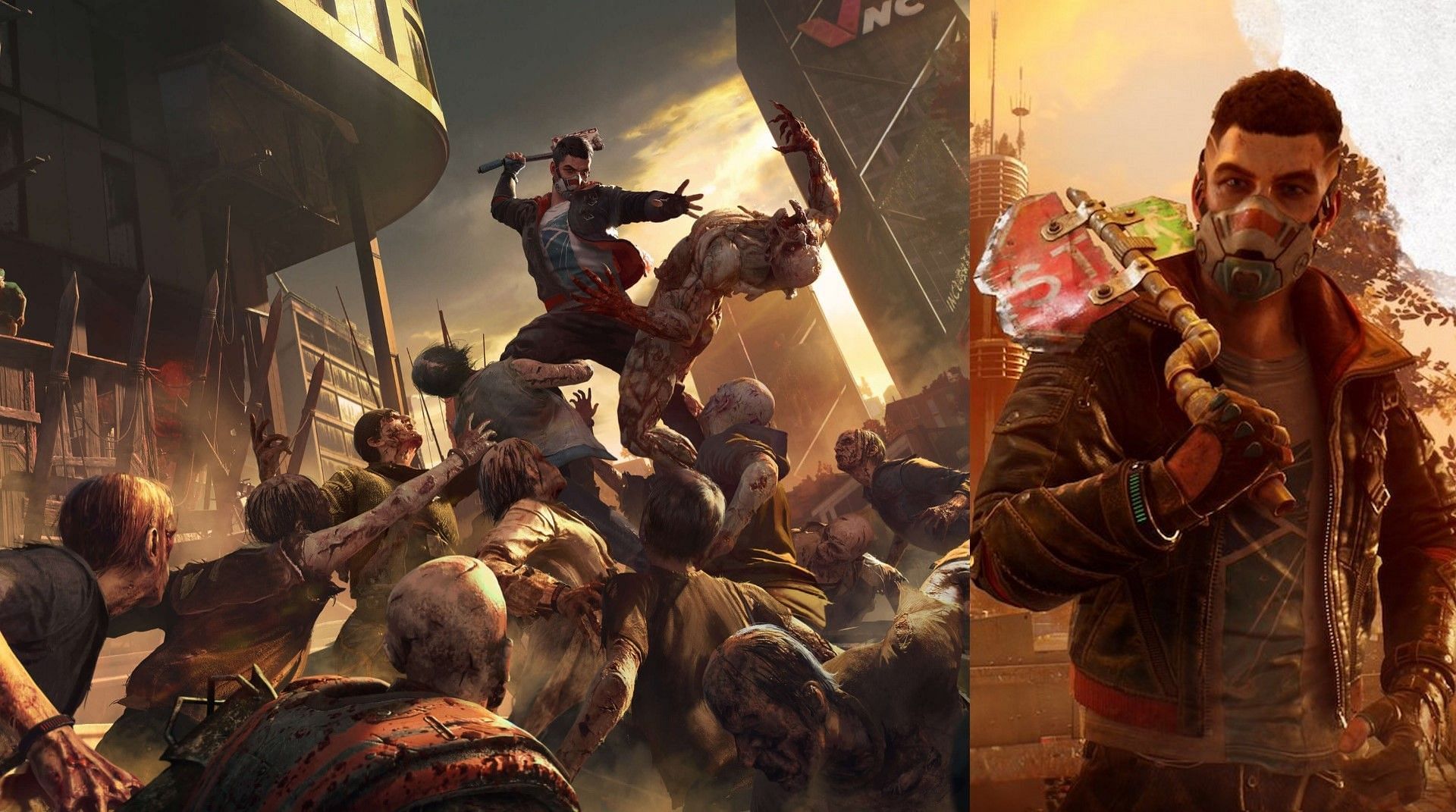 A character fending off zombies on the left and a character wielding a weapon on the right.