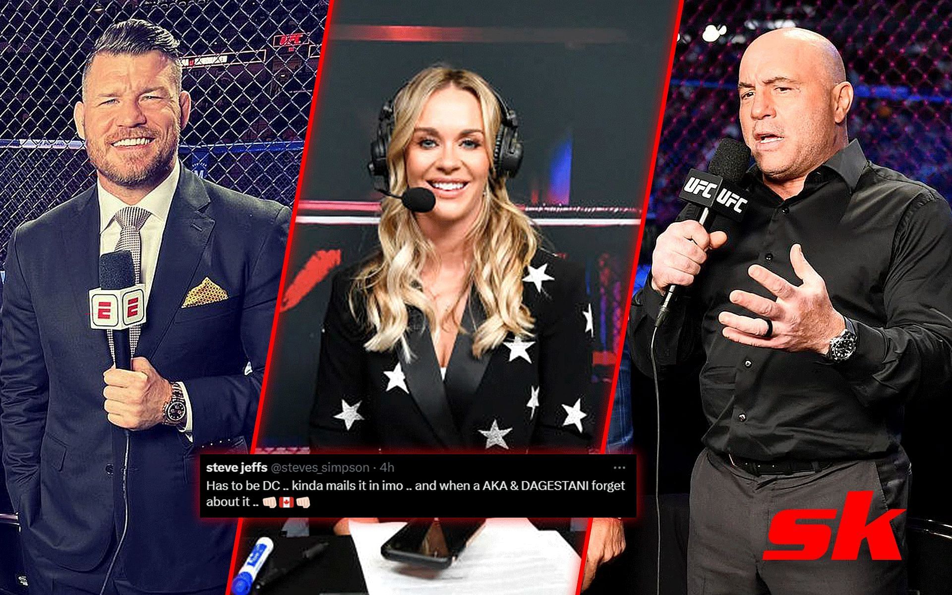 Michael Bisping, Laura Sanko and Joe Rogan [Image credits: @mikebisping and @laura_sanko on Instagram and @realruebenking on Twitter]