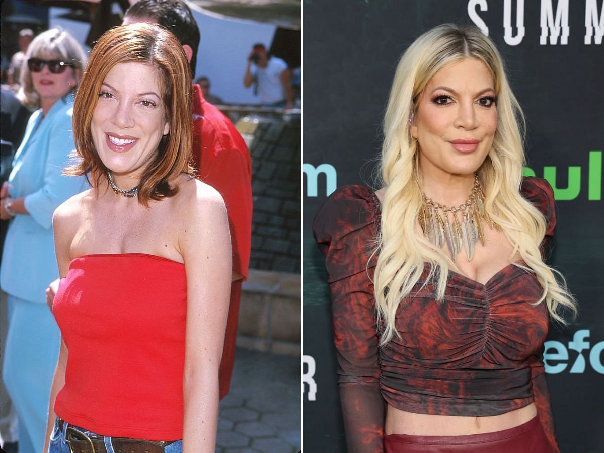 Stills of Tori Spelling before (left) and after (right) plastic surgery (Images Via Getty Images)