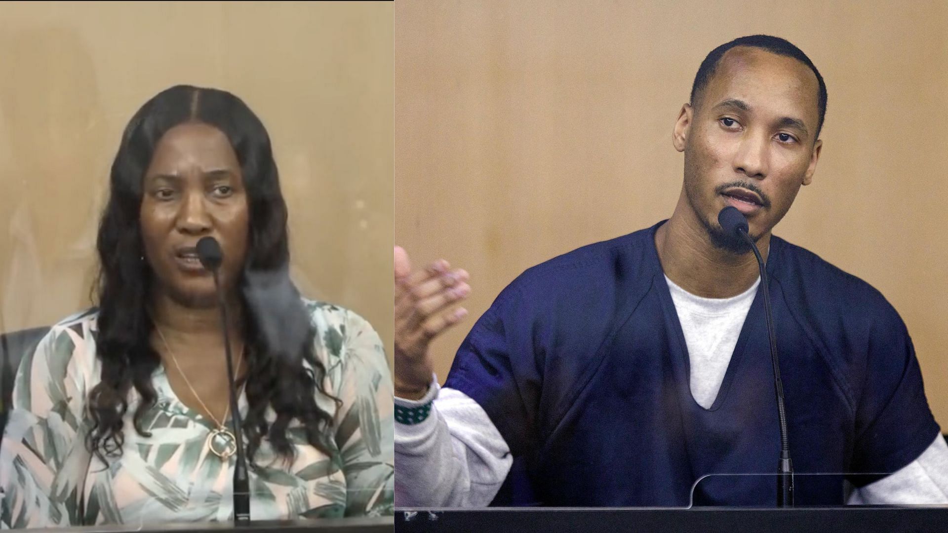 Linda Rudolph (L), mother of former NFL WR Travis Rudolph(R),testifies in son