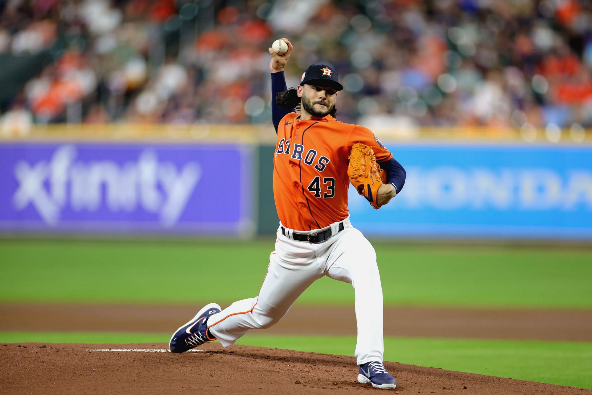 Lance McCullers Jr. of the Houston Astros delivers a pitch against the Baltimore Orioles at Minute Maid Park