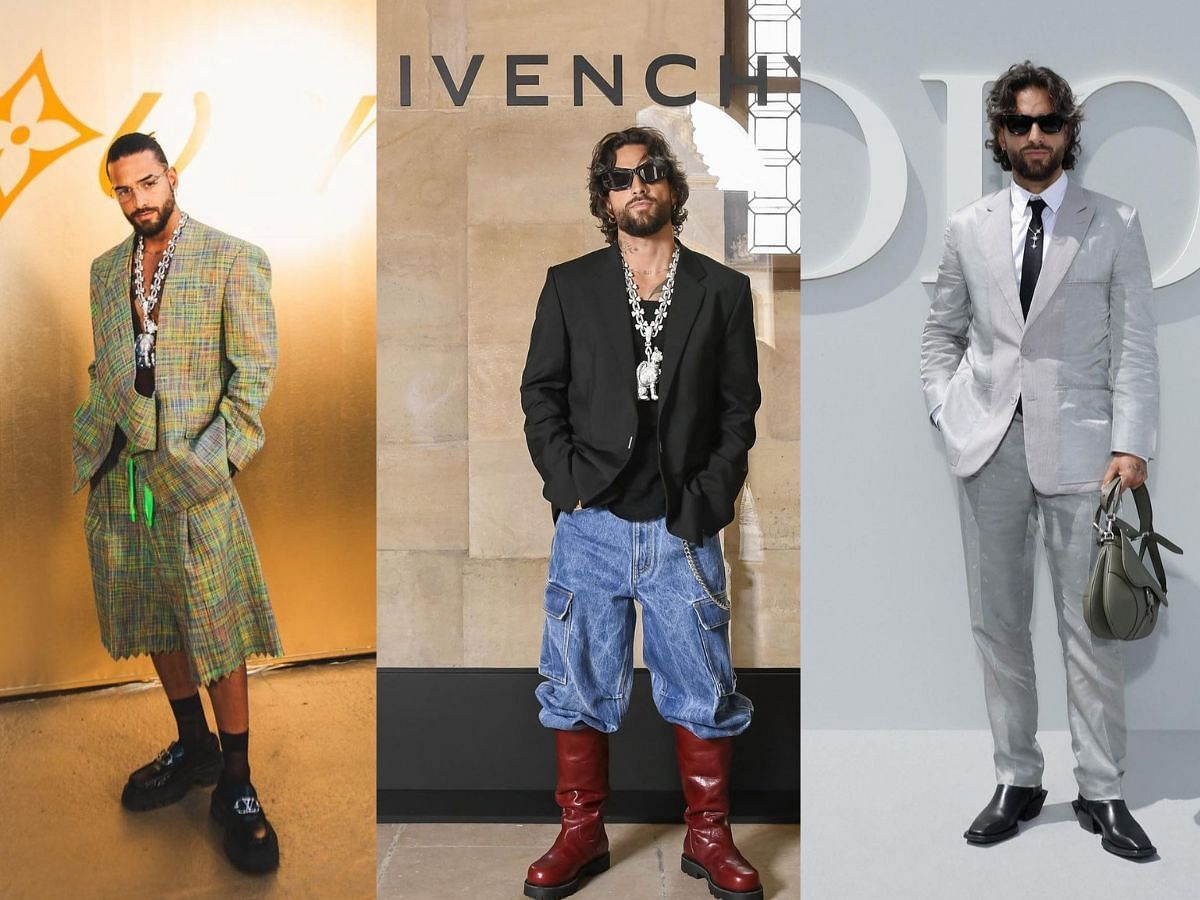 Take a look the three outfits Maluma sported for different runway shows (Image via Sportskeeda)