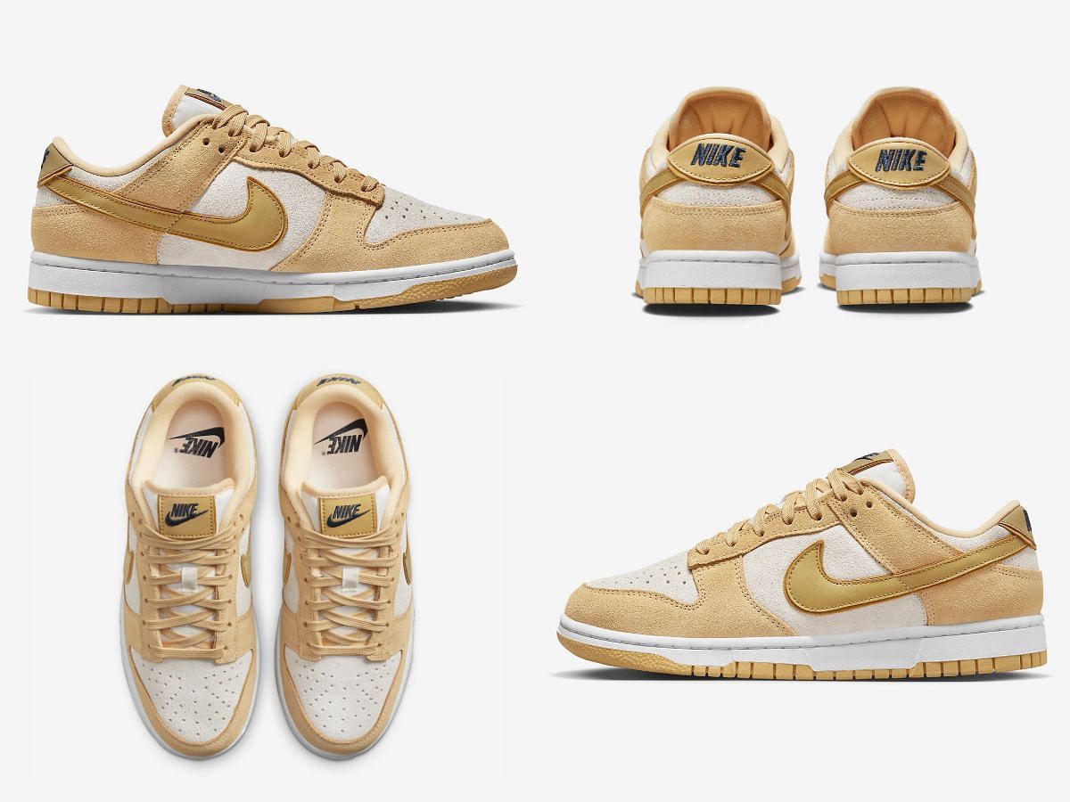 The upcoming Nike Dunk Low &quot;Gold Suede&quot; sneakers will be released exclusively in women&#039;s sizes (Image via Sportskeeda)