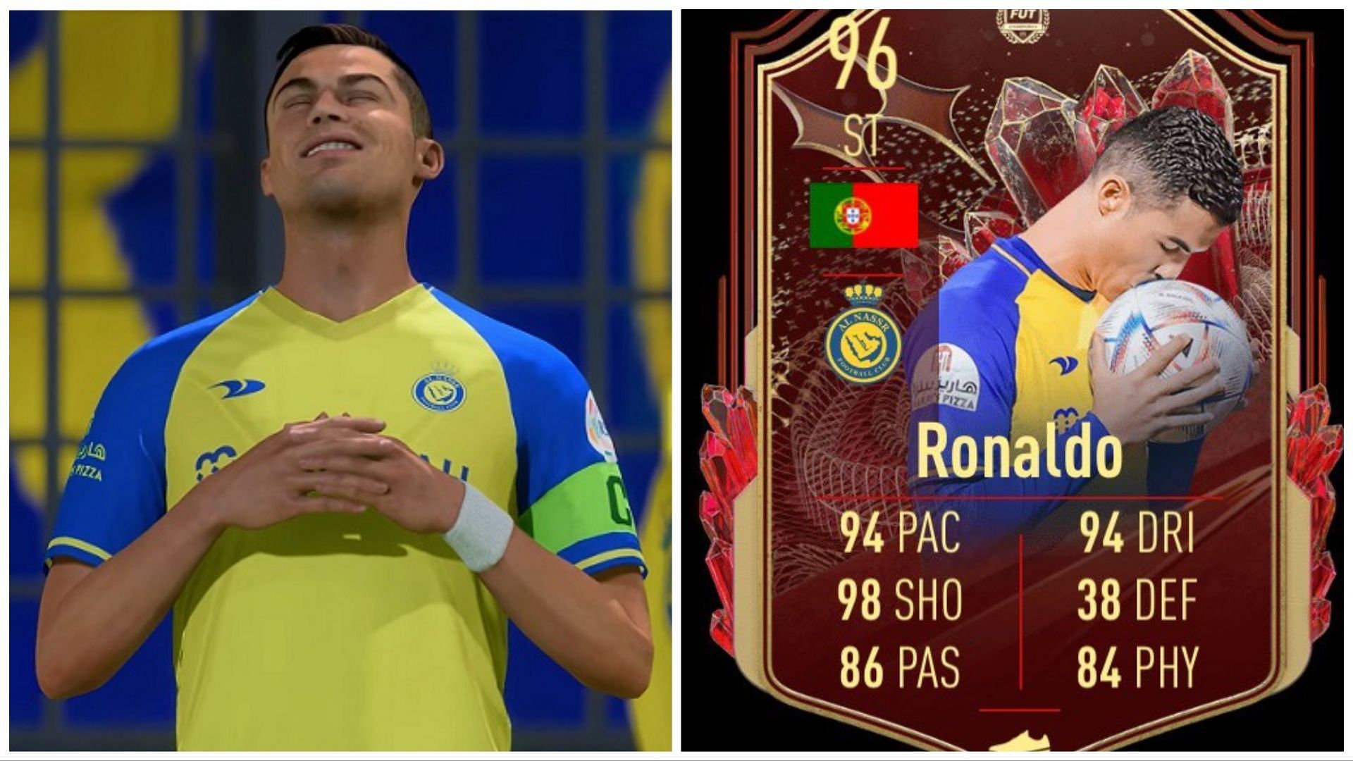 Ronaldo has been leaked as an Ultimate TOTS player (Images via EA Sports and Twitter/FIFA23Leaked_)
