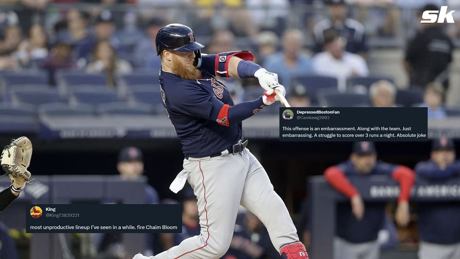 Justin Turner #2 of the Boston Red Sox connects on a third inning base hit against the New York Yankees at Yankee Stadium on June 10th. 