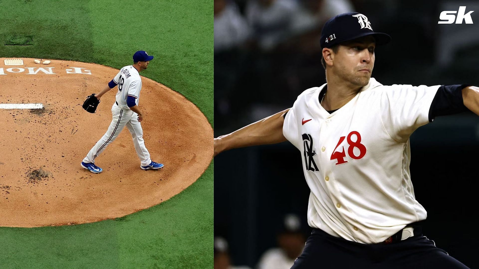 Jacob deGrom #48 of the Texas Rangers leaves the mound in a game and pitches against the New York Yankees during the first inning at Globe Life Field on April 28