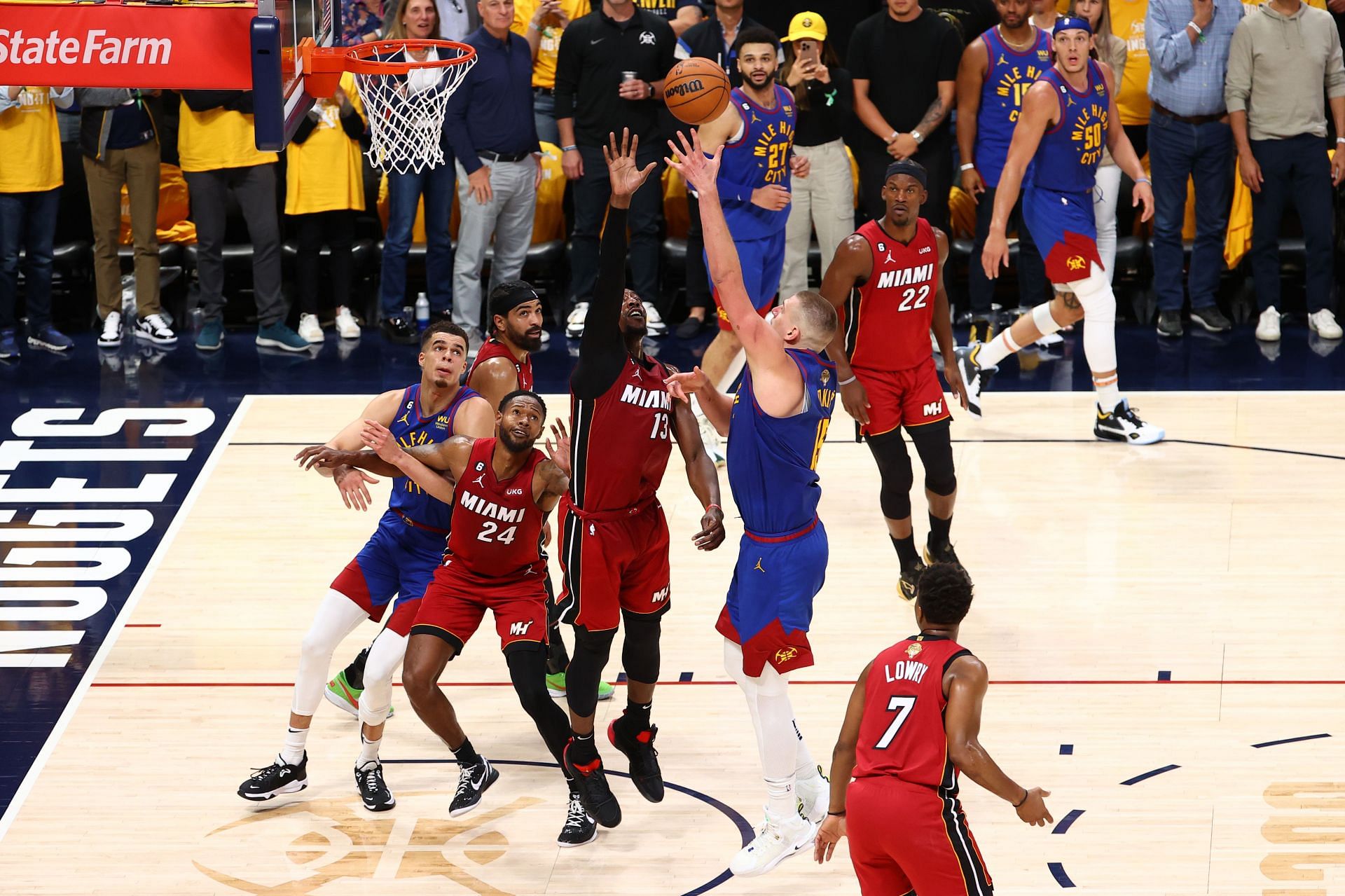 Nikola Jokic shoots over Bam Abebayo at the 2023 NBA Finals - Game One