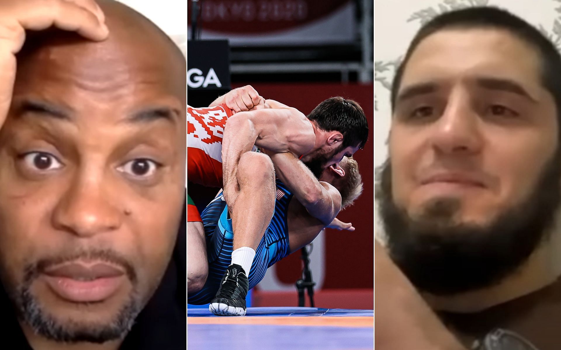 Daniel Cormier [Left], Magomedov vs. Dake at the Olympics [Middle], and Islam Makhachev [Right] [Photo credit: Daniel Cormier - YouTube, and @Wrestling - Twitter]
