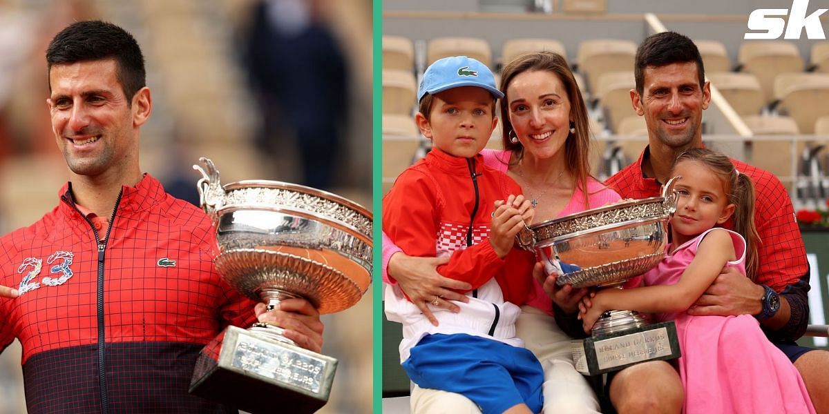 Novak Djokovic with the French Open title (L) and Djokovic with his family (R)