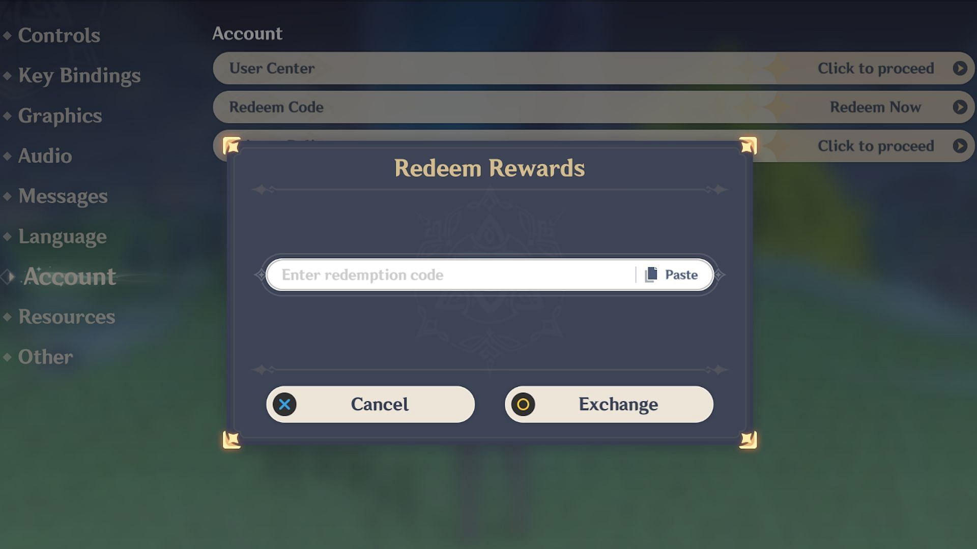 Entering codes in the game is one way to redeem them (Image via HoYoverse)