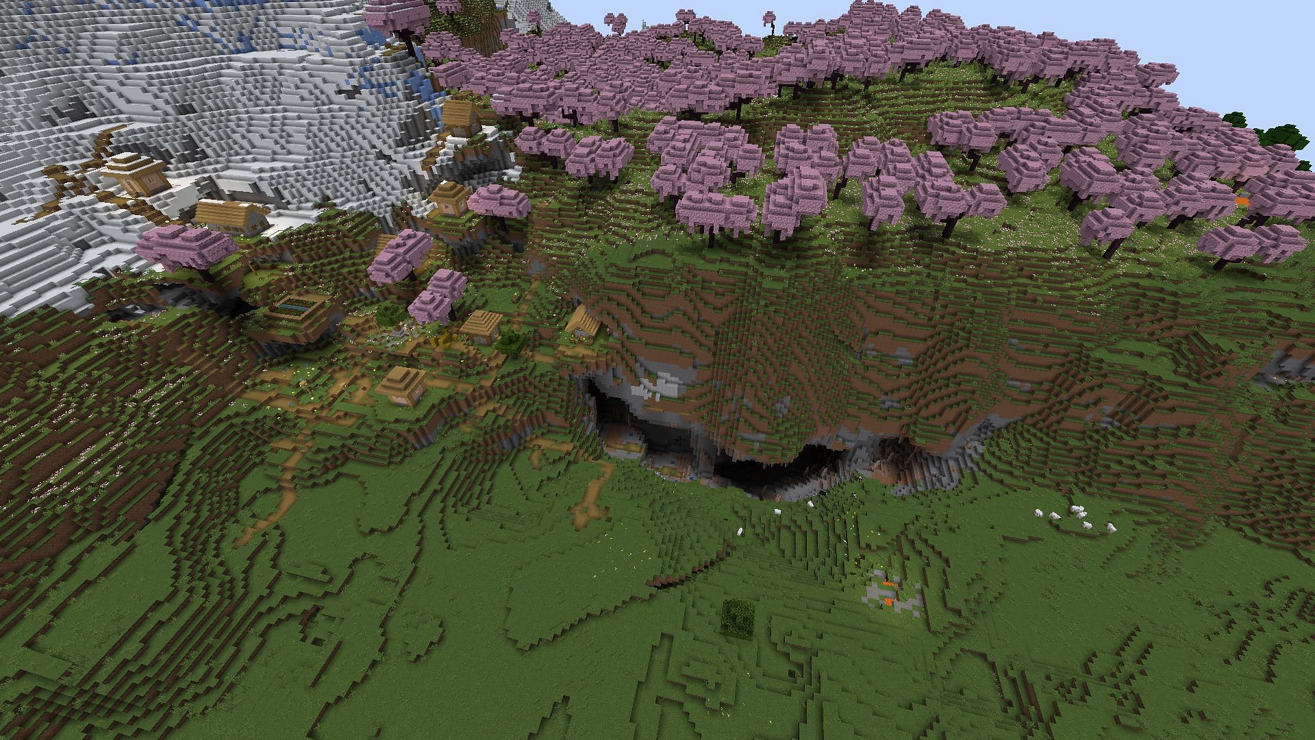 The new cherry grove biome and plenty of structures await Minecraft fans in this seed (Image via Mojang)