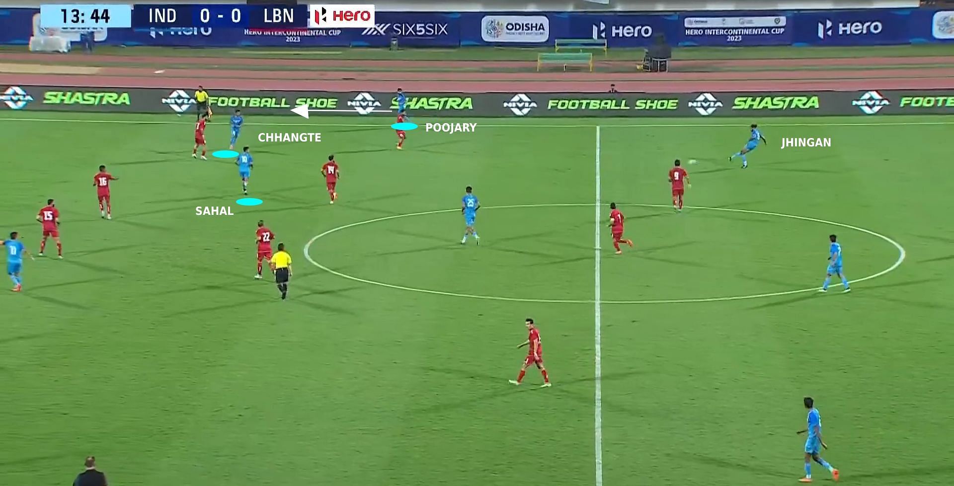 Jhingan playing a line-breaking pass to Sahal (Image Credits: Hotstar)