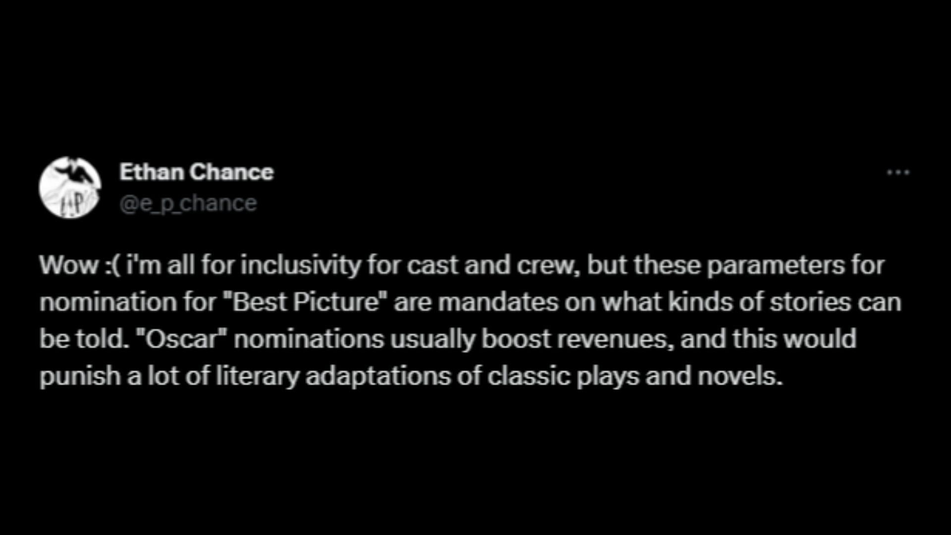 Screenshot of a Twitter user remarking on The Academy Awards&#039; new guidelines for contesting a film in its &quot;Best Picture&quot; category. (Photo via @ErisMartinet/Twitter)