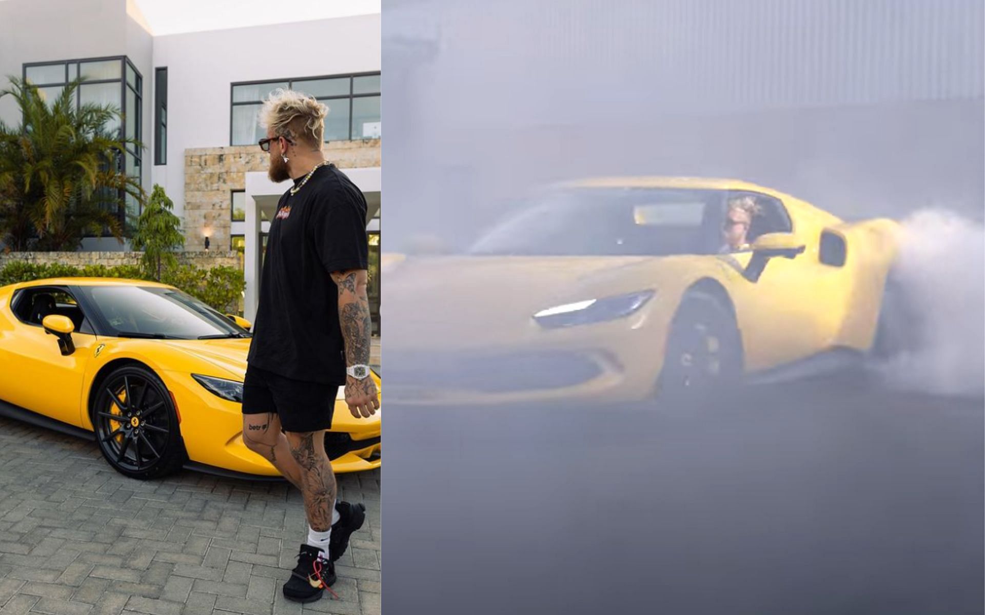 Jake Paul with his Ferrari 296 GTB (left) and Jake Paul doing donuts in his new Ferrari (right) (Image credits @jakepaul on Instagram and @Jake Paul on YouTube))