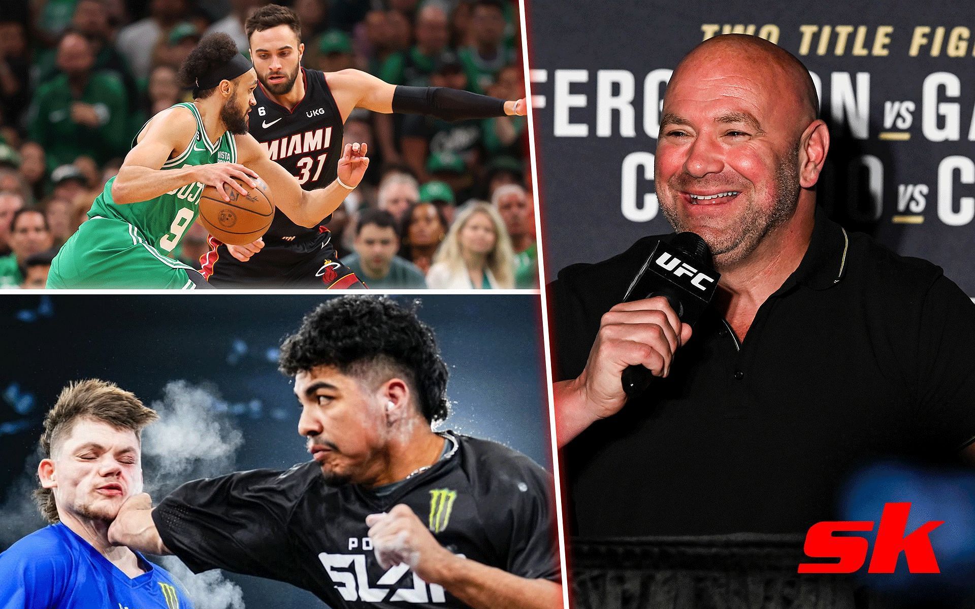 Miami Heat vs. Boston Celtics and Power Slap 2 (left) and Dana White (right) [Image credits: Getty Images and @powerslap on Instagram]