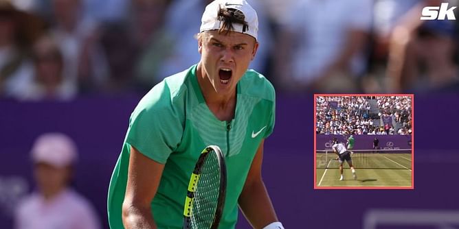 Holger Rune gets hit on the body by Lorenzo Musetti's smash in heated Queens Club clash