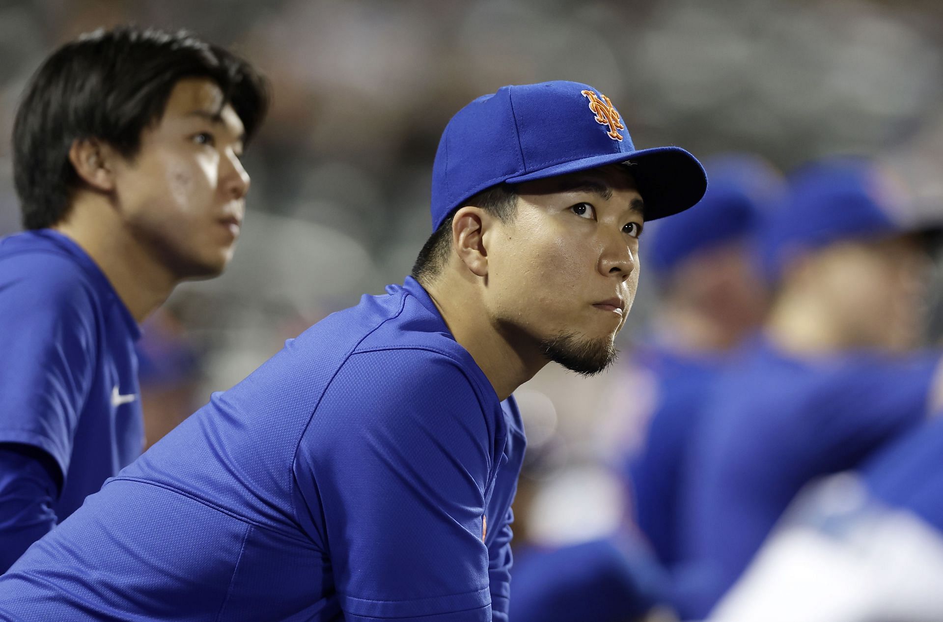 Kodai Senga of the New York Mets looks on from the dugout during the eighth inning against the Milwaukee Brewers at Citi Field on Monday in New York City.