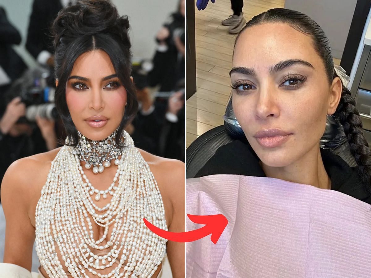 Stills of Kim Kadarshian before (left) and after (right) makeup look (Images Via Getty Images)