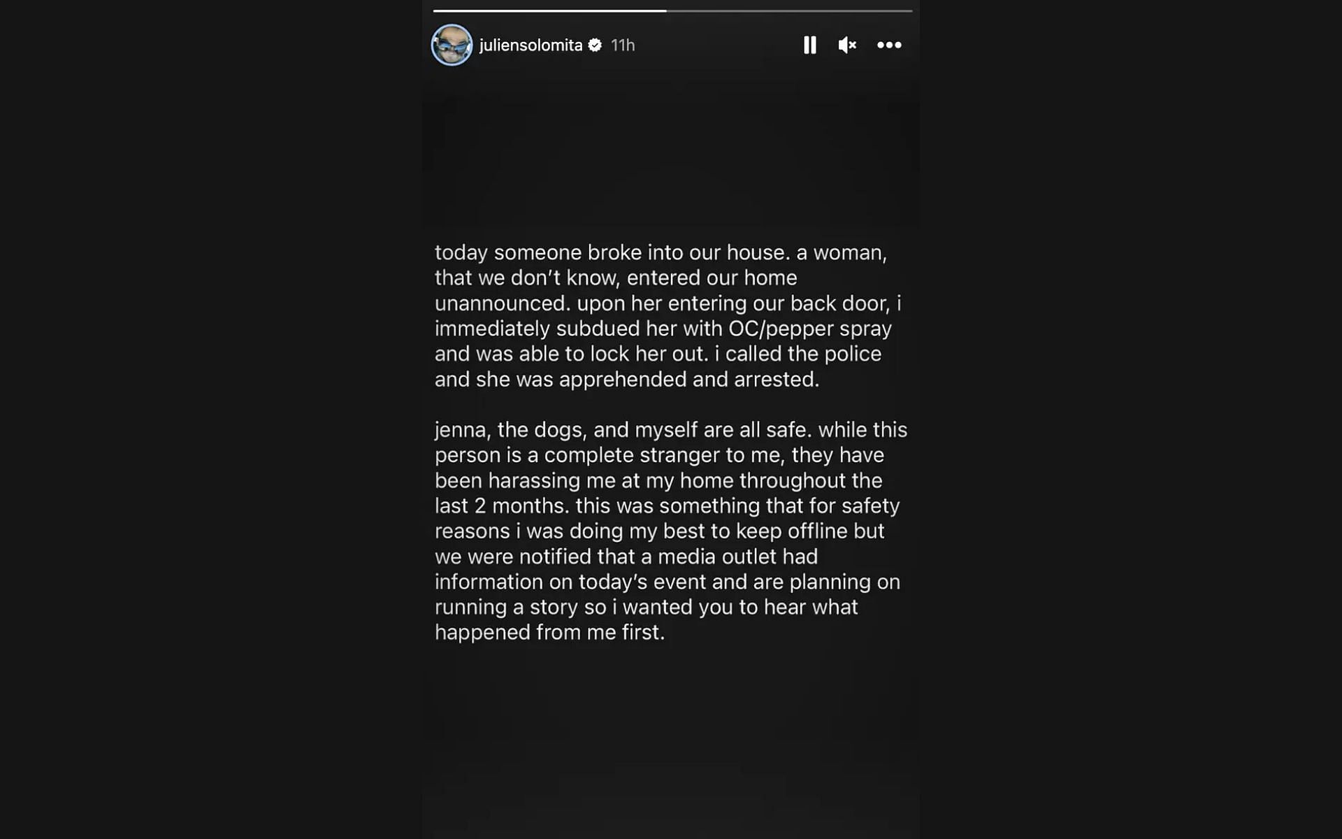 Julien Solomita&#039;s Instagram Story in which he explains home invasion (Image via Instagram)