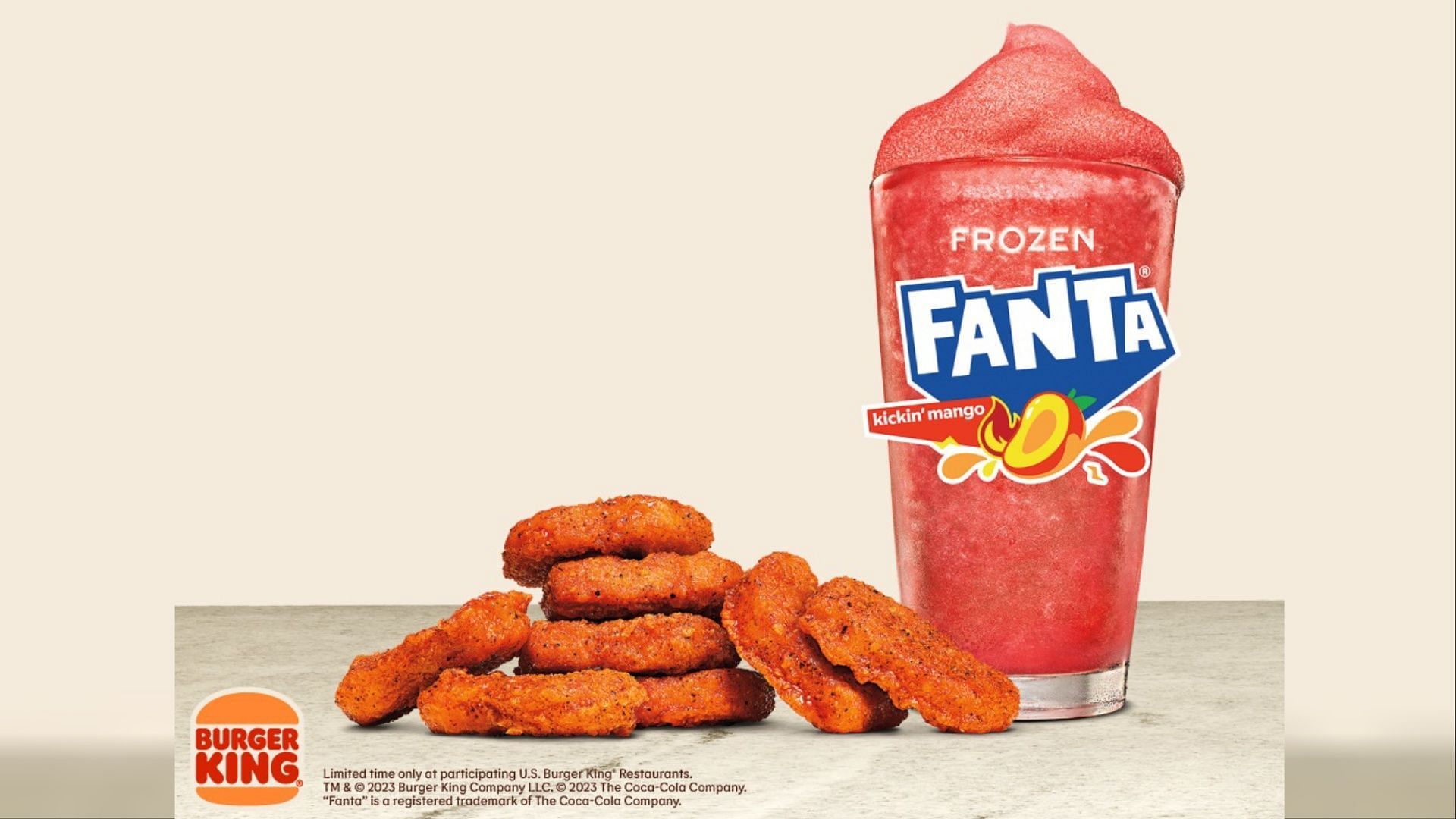 The new Fiery Nuggets and the new Frozen Fanta&reg; Kickin&#039; Mango beverage will be available for a limited time starting next week (Image via Burger King)