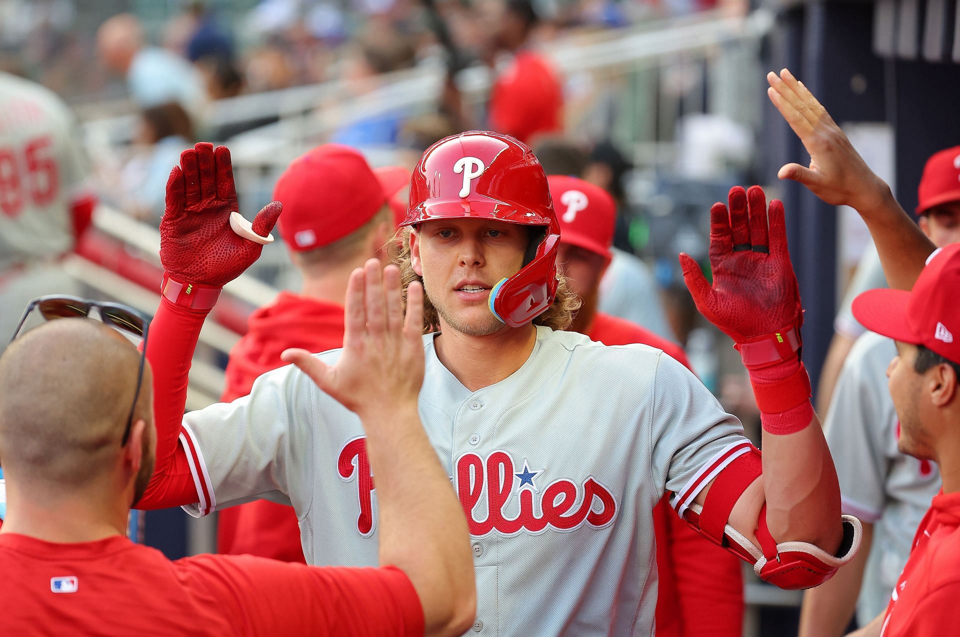 Alec Bohm of the Philadelphia Phillies reacts after his two-run homer against the Atlanta Braves.