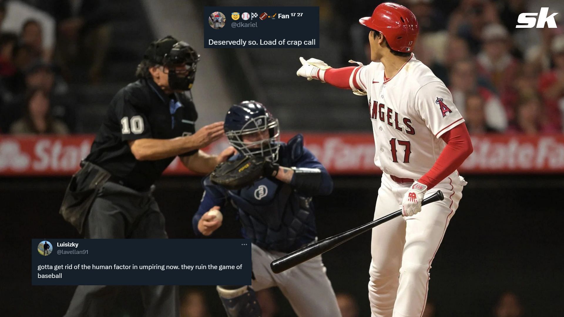  Shohei Ohtani #17 of the Los Angeles Angels points to umpire Phil Cuzzi #10 as he reacts after being called out on strikes leaving two runners on base to end the fifth inning against the Seattle Mariners at Angel Stadium of Anaheim on June 1st.