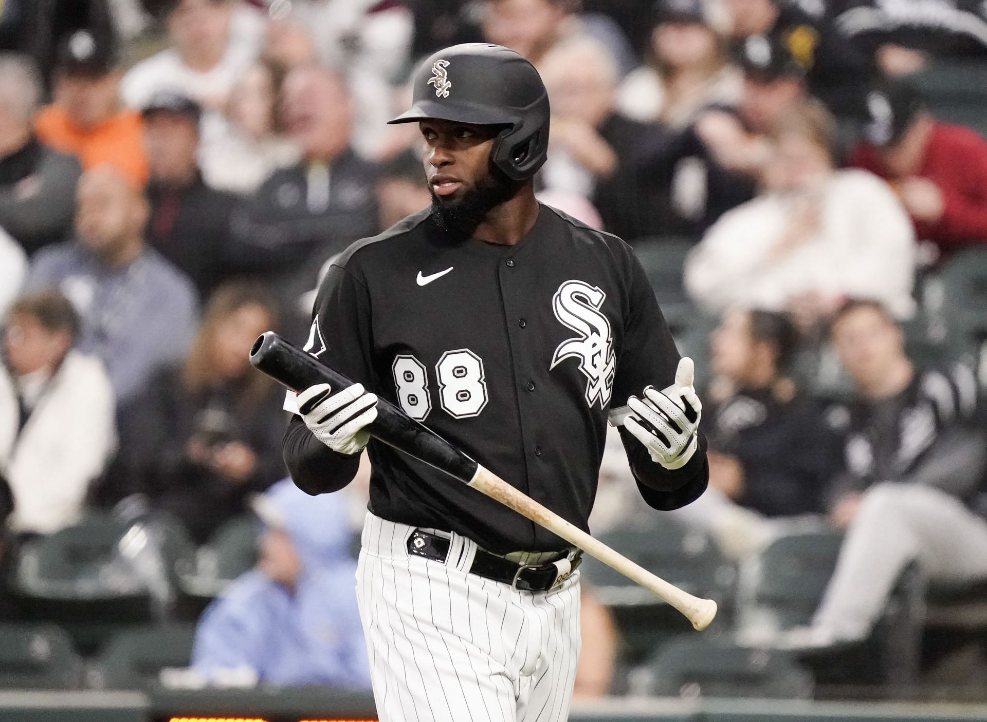 Luis Robert Jr. of the Chicago White Sox reacts after striking out.
