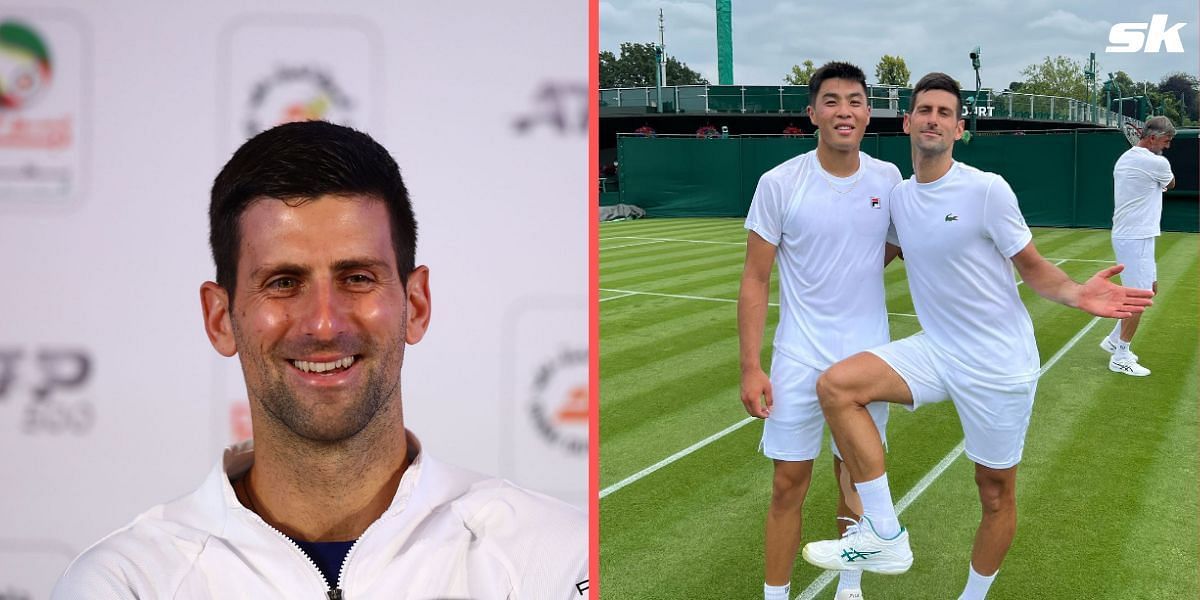 Novak Djokovic posing with Brandon Nakashima after a practce session ahead of Wimbledon