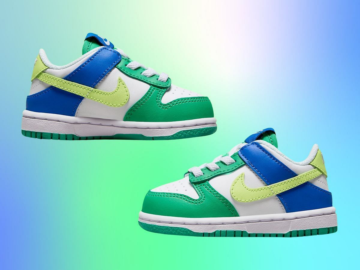 Side profile of Nike Dunk Low TD &quot;Green and Blue&quot; sneakers (Image via Nike)