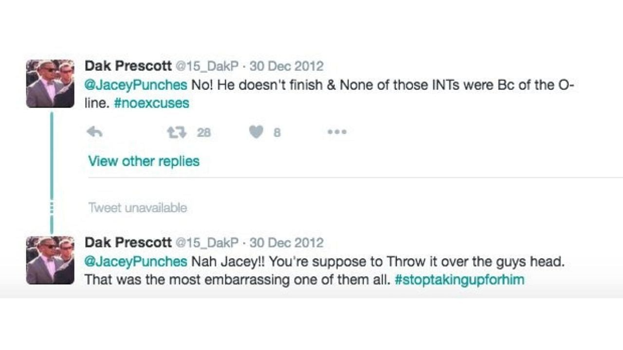 More tweets by Dak Prescott criticizing Tony Romo - image via Twitter/CBS