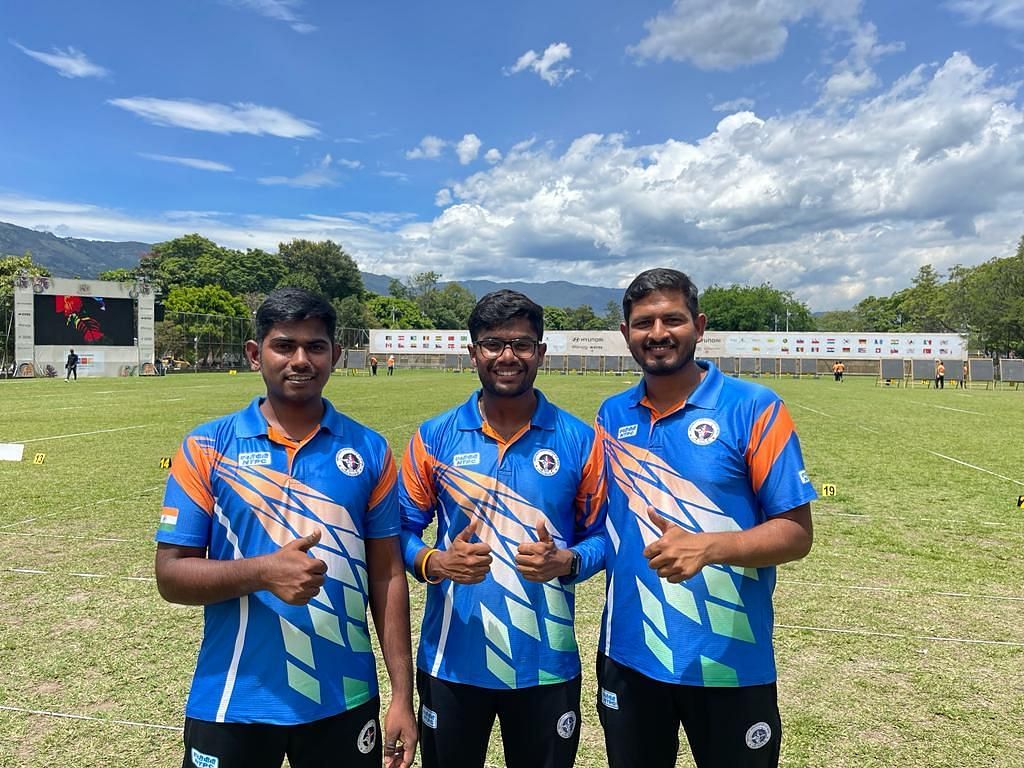The Indian team of Mrinal Chauhan, Tushar Shelke, Dhiraj Bommadevara after winning the bronze medal [Image: Archery Association of India]