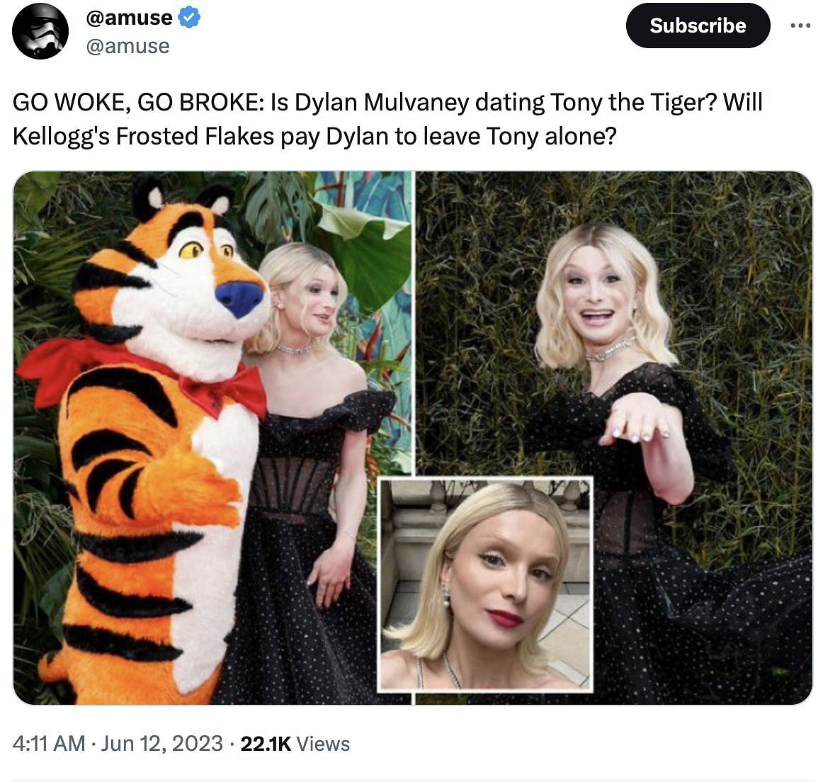 Social media users bashed Kellogg&#039;s after Mulvaney was spotted posing with Tony the Tiger during 76th Tony Awards magenta carpet. Many speculate an upcoming collaboration. (Image via Twitter)