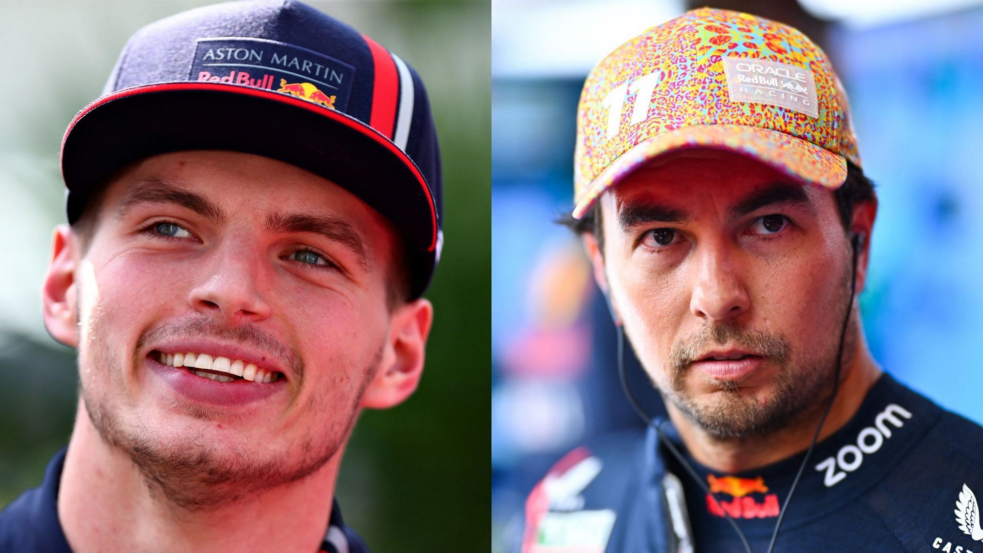 Red Bull Racing drivers Max Verstappen (L) and Sergio Perez.