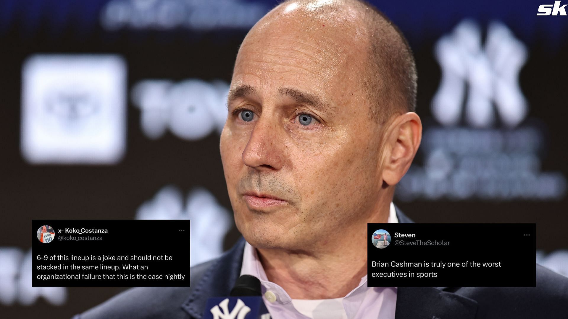 New York Yankees general manager Brian Cashman speaks to the media during a press conference at Yankee Stadium