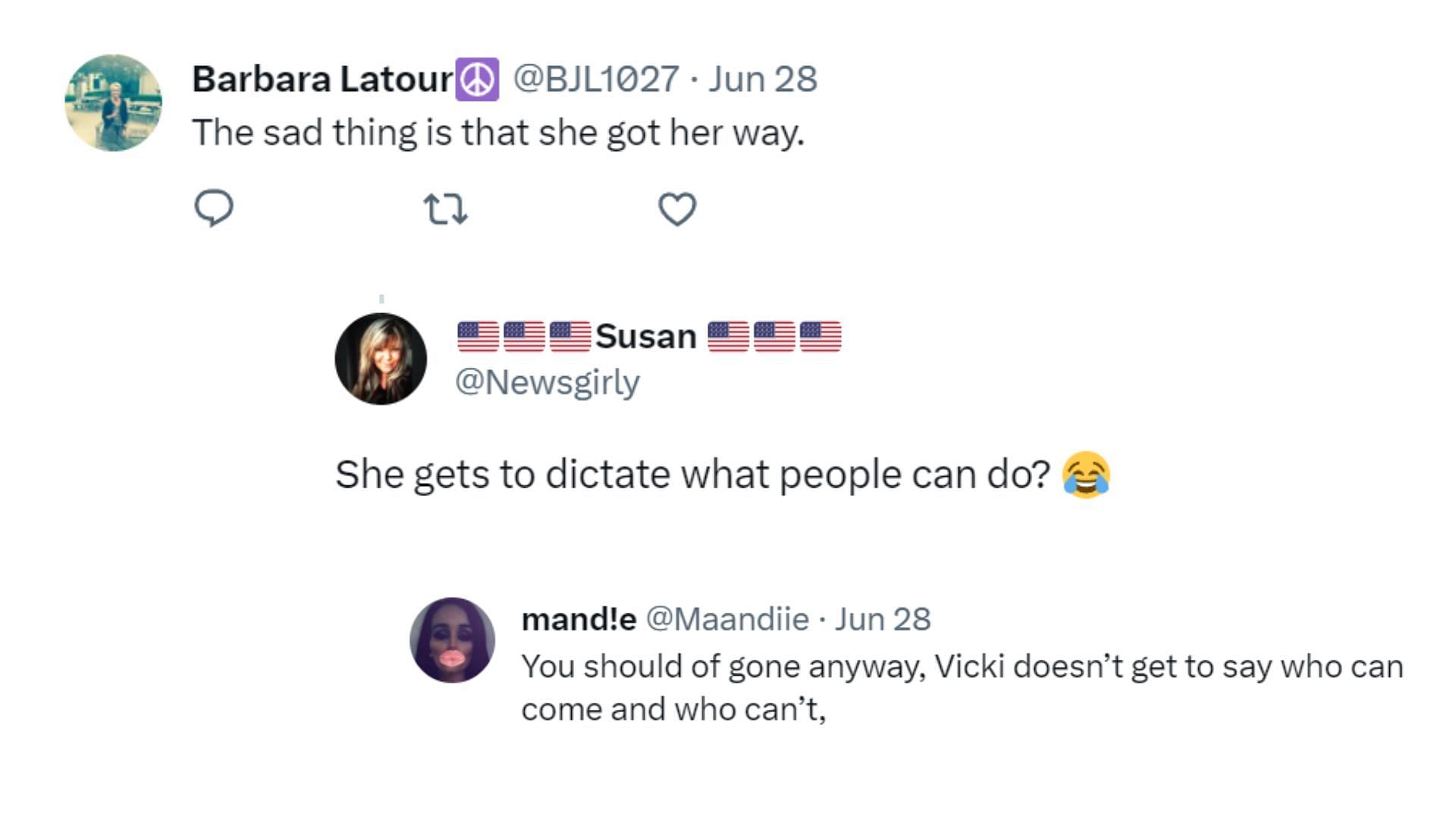 Fan&#039;s reaction to Vicki barring Teddi from the event (Image via Twitter)