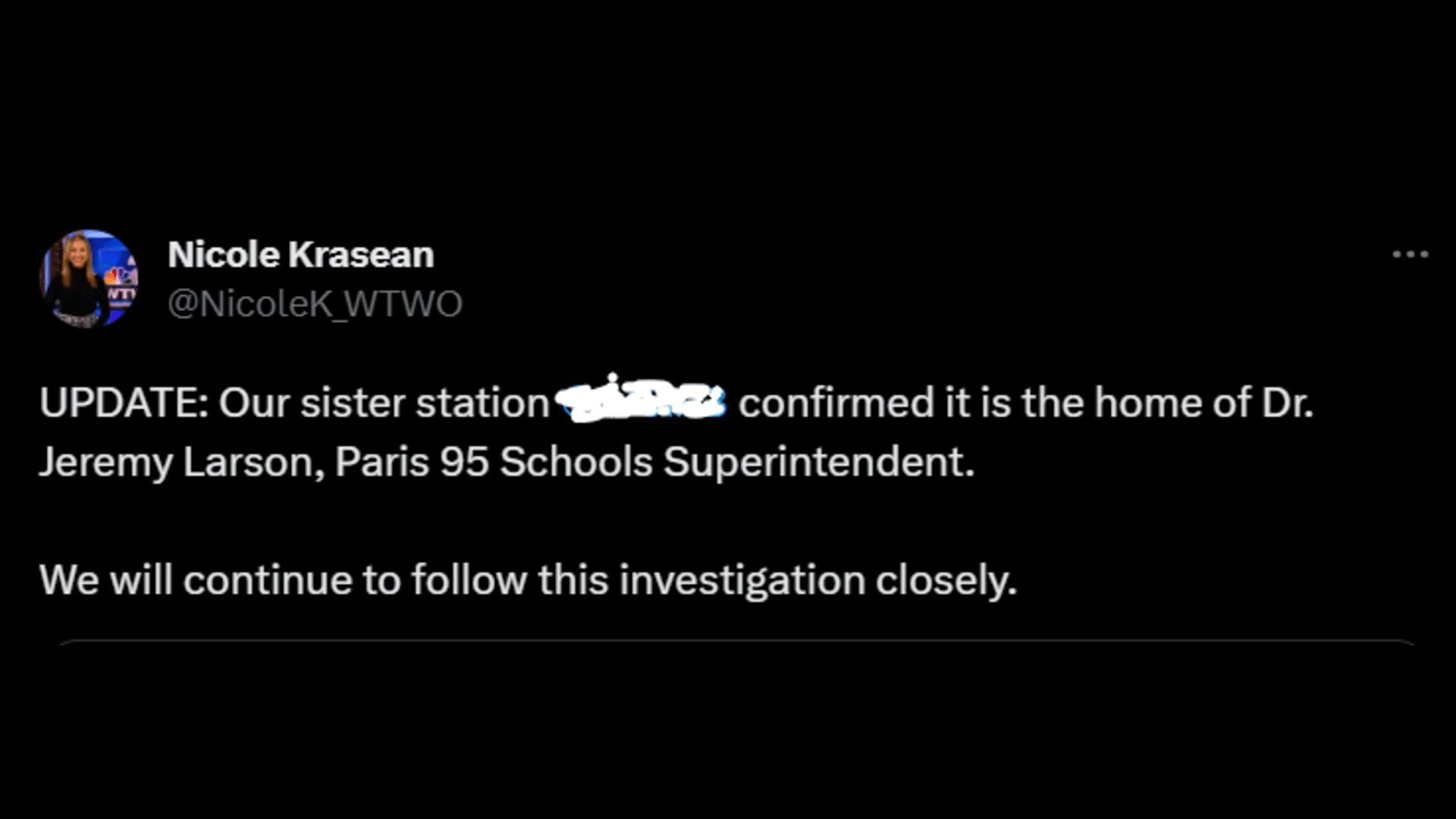 A Twitter user confirms that it was Jeremy Larson&#039;s home that was raided by the FBI. (Image via Twitter/Nicole Krasean)