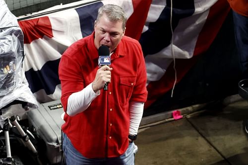 Former Atlanta Braves player Chipper Jones addresses the crowd prior to Game Three of the World Series between the Houston Astros and the Atlanta Braves at Truist Park on October 29, 2021 in Atlanta, Georgia. (Photo by Michael Zarrilli/Getty Images)