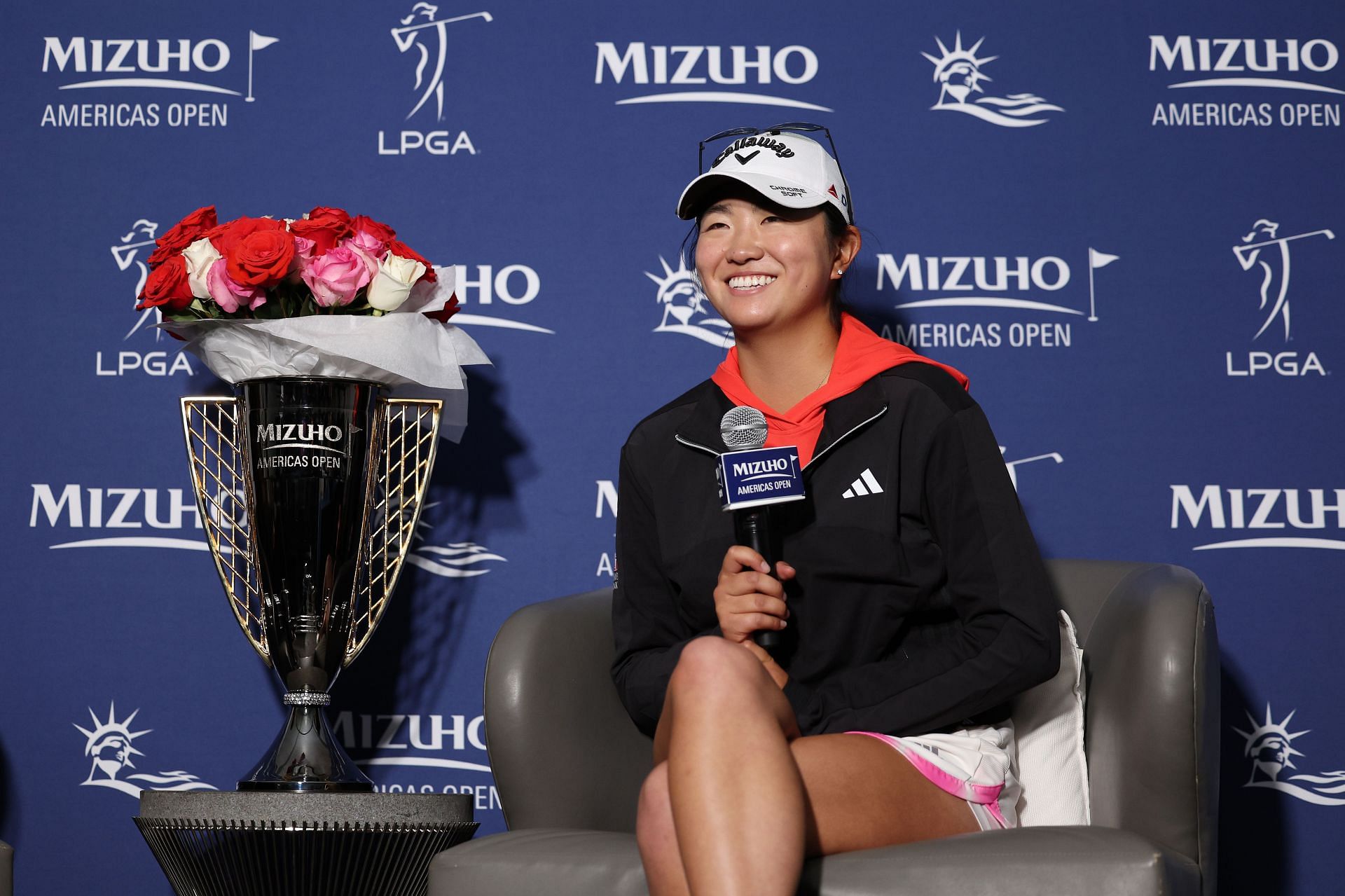 Rose Zhang at the press conference after winning the 2023 Mizuho Americas Open