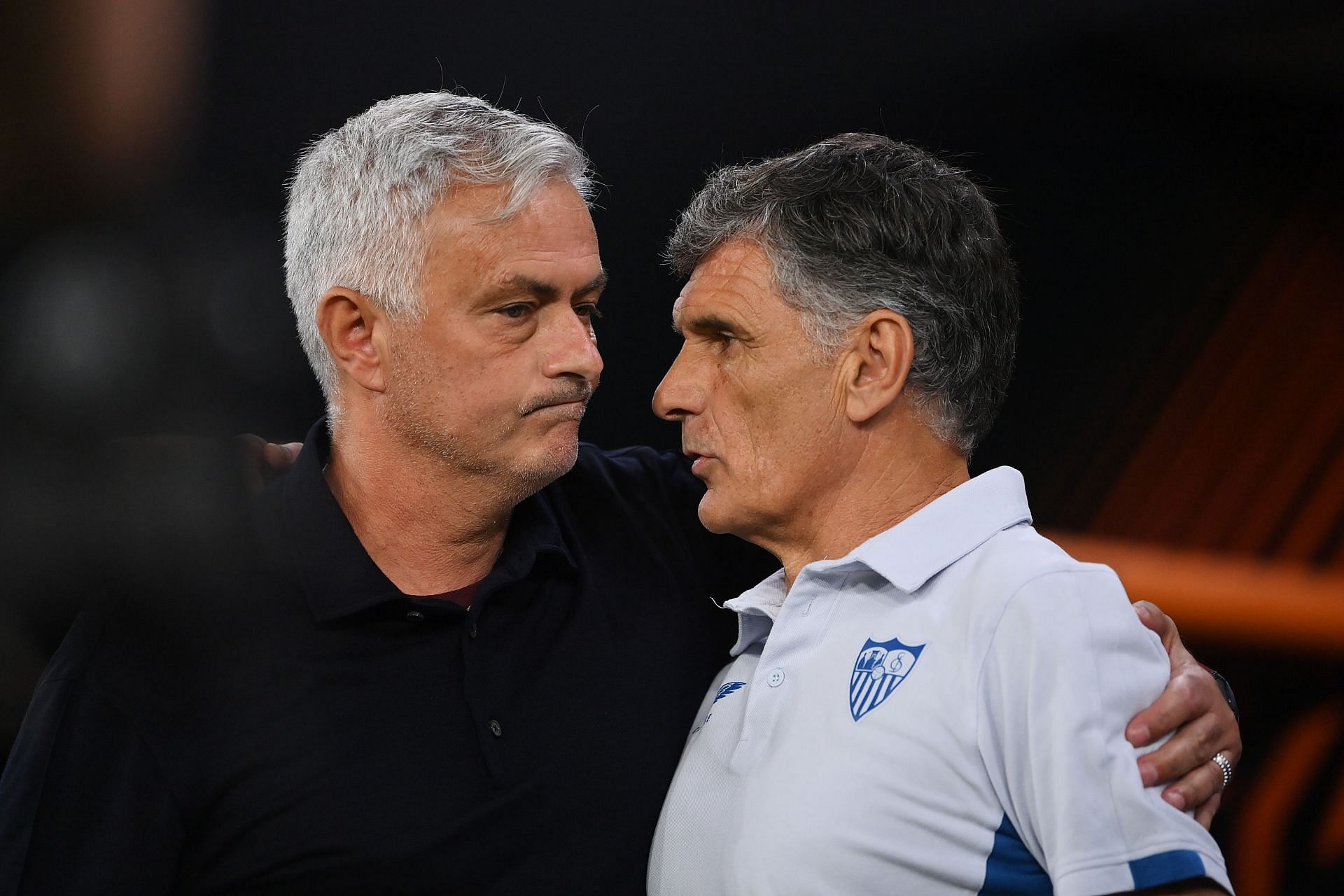Jose Mourinho with Sevilla manager Jose Luis Mendilibar.