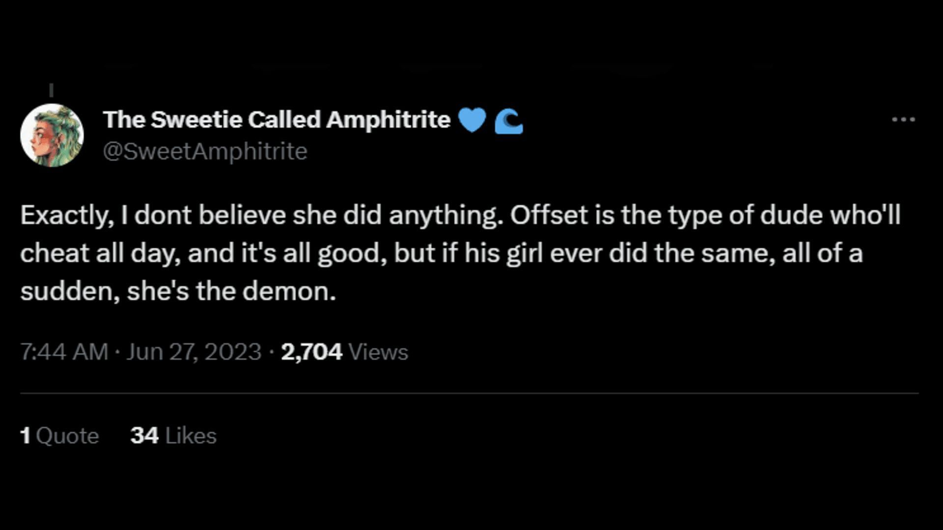 A Twitter user calls out Offset for being a hypocrite. (Image via Twitter/The Sweetie Called Amphitrite)